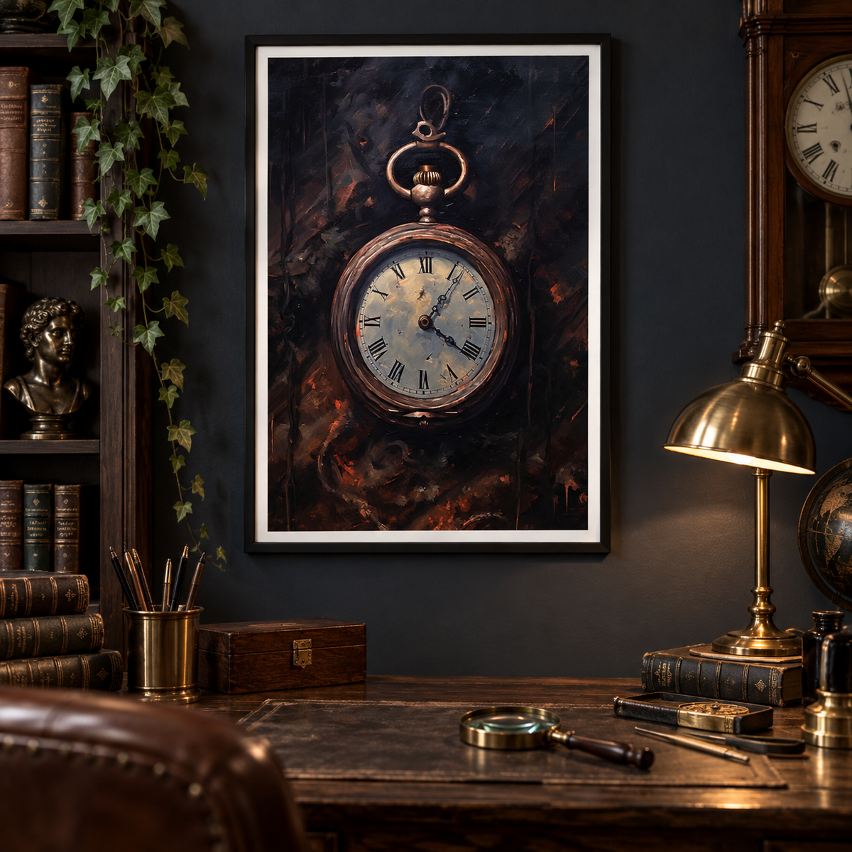 Timeworn Pocket Watch art print in a dark academia study