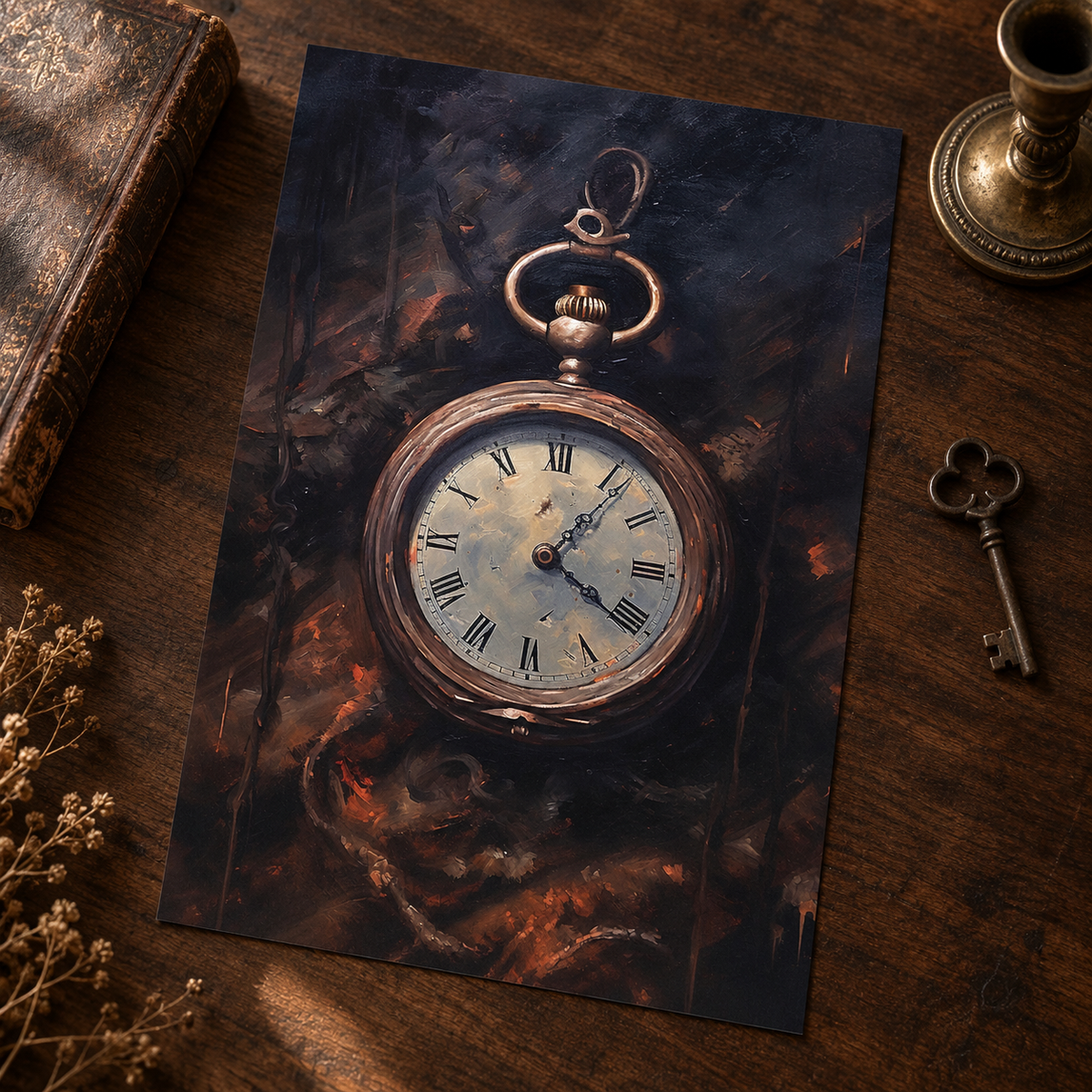 Borderless Timeworn Pocket Watch art print laid on a dark wood surface