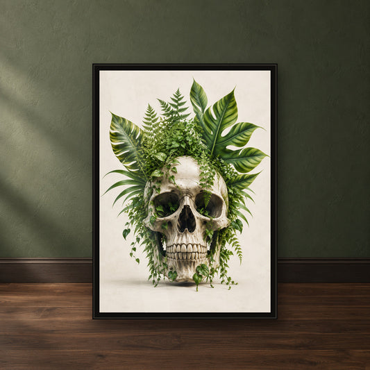 Tropical Monstera Skull Print – close-up black frame leaning against a green wall