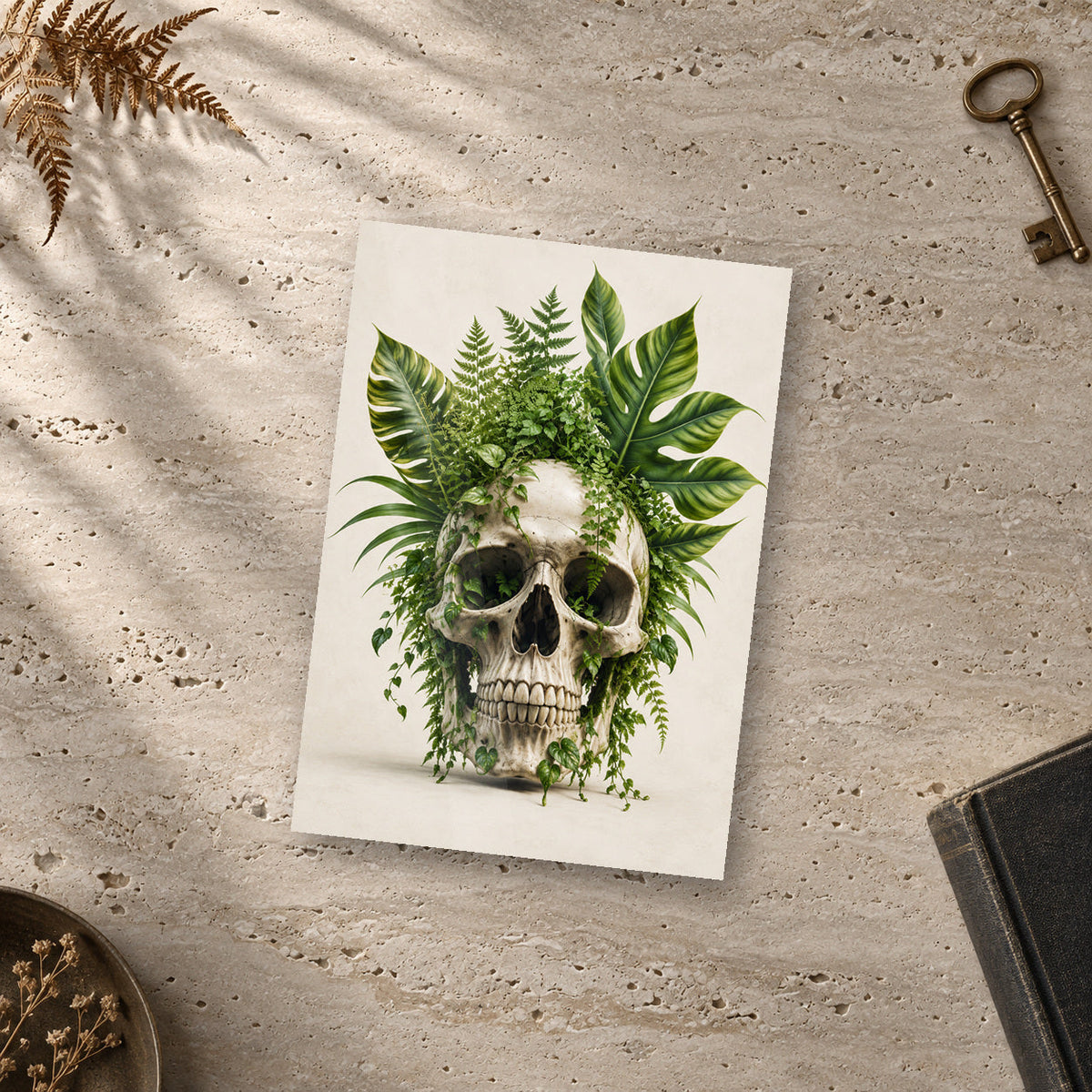 Tropical Monstera Skull Print – unframed glossy print on a surface