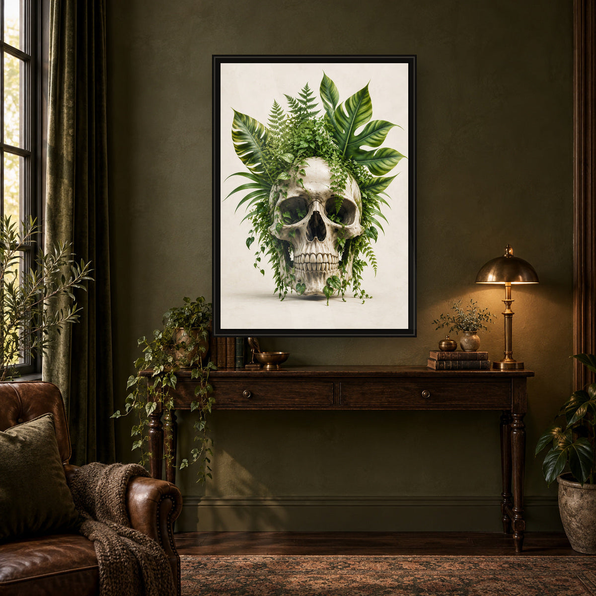 Tropical Monstera Skull Print – lifestyle room mockup
