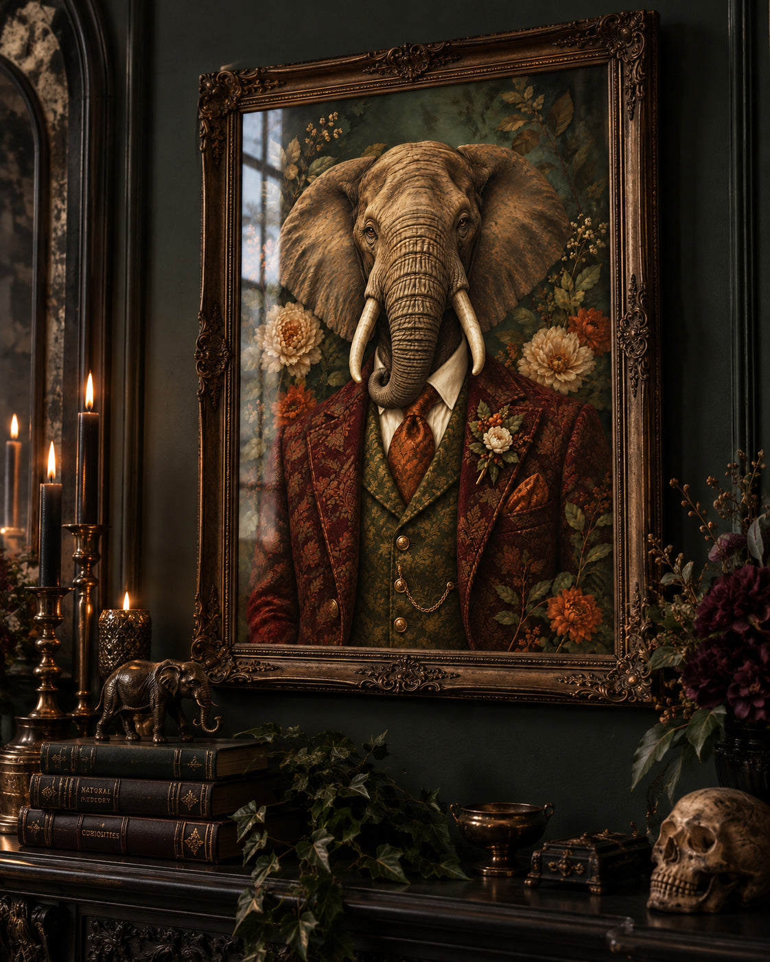 Trunk Show vintage botanical elephant print in an ornate frame on a dark wall, with glass reflections. Frame not included.