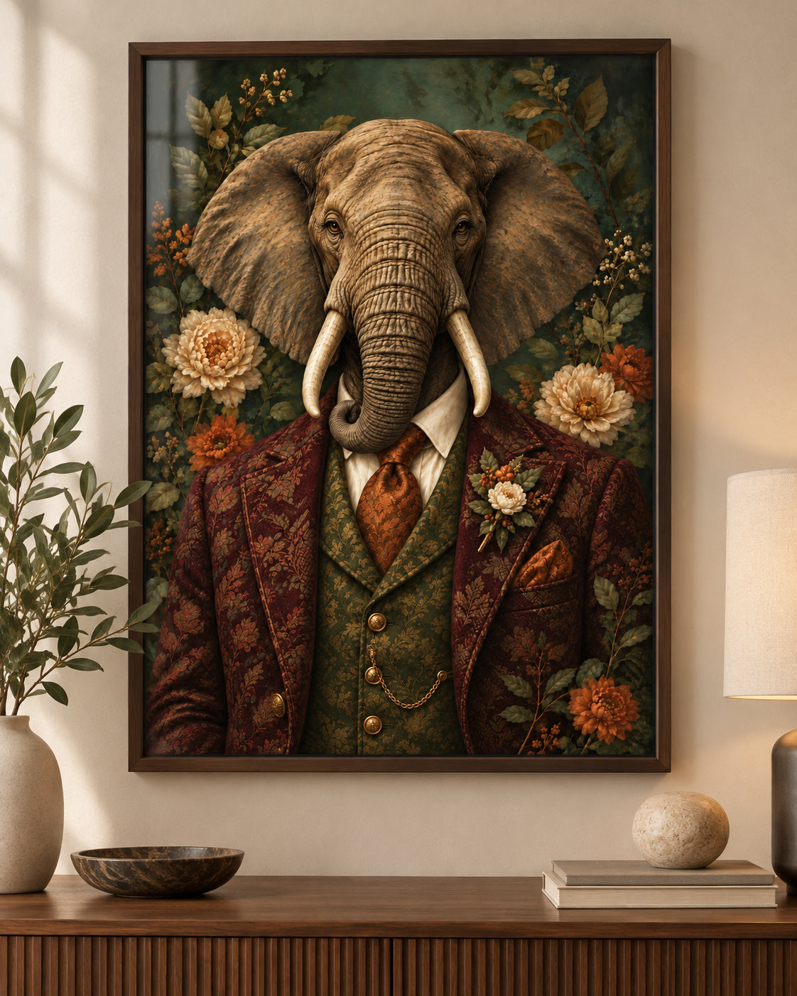 Trunk Show elephant art print styled in a modern dark-wood frame above a console. Frame not included.