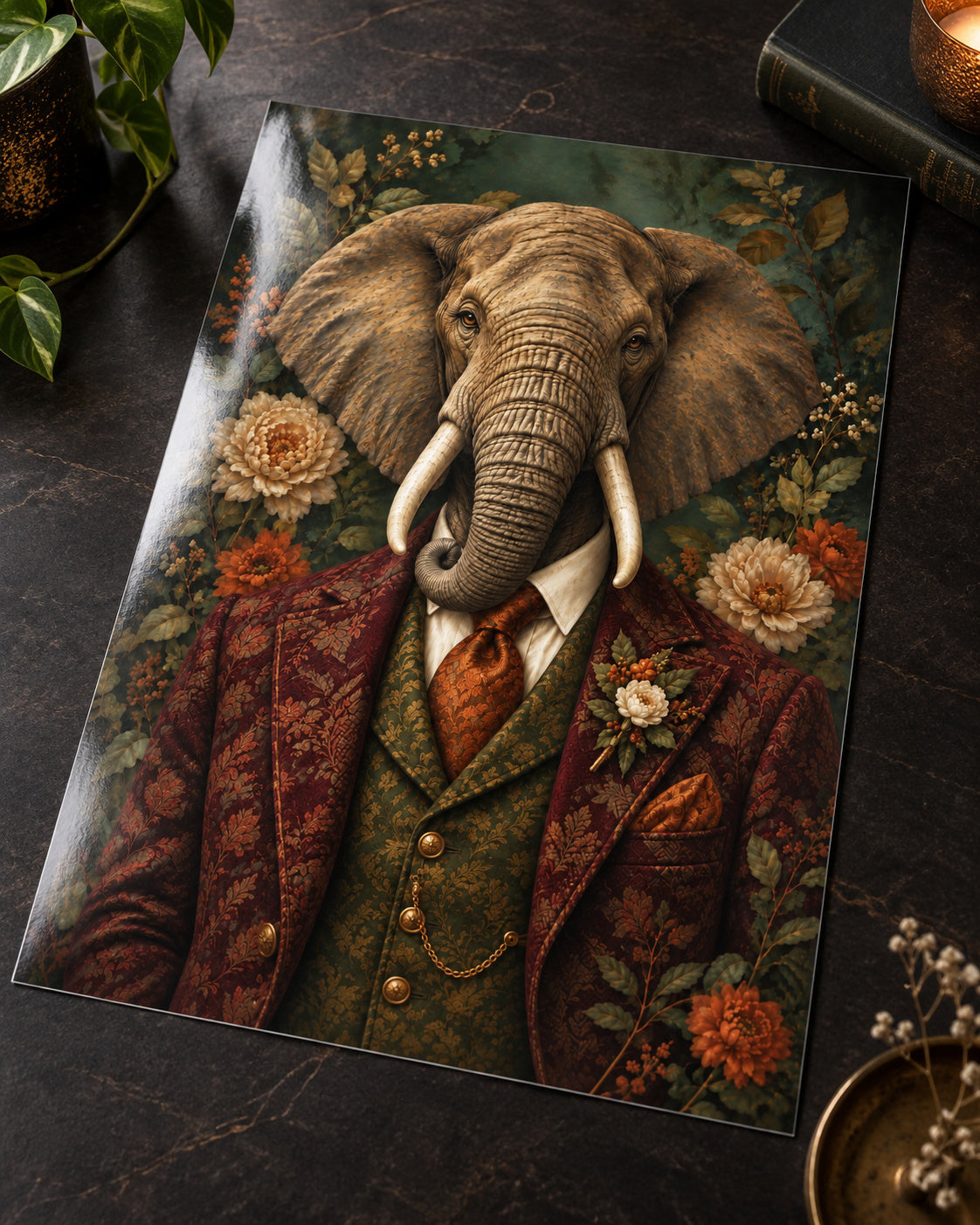 Trunk Show elephant in a burgundy jacket and green waistcoat, shown as an unframed glossy print on a dark table.