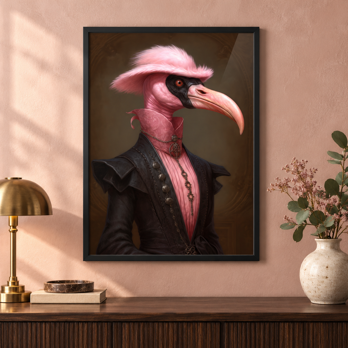 Vintage Animal Print - Flamingo in a black frame, close-up lifestyle mockup
