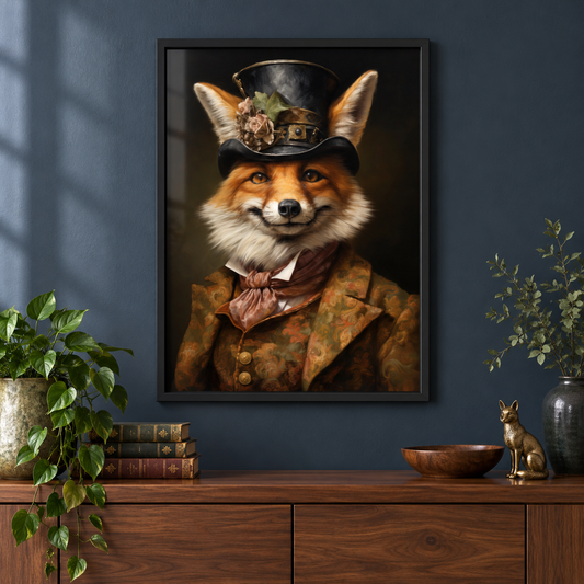 Vintage Animal Print - Mr Fox in a black frame, close-up lifestyle mockup