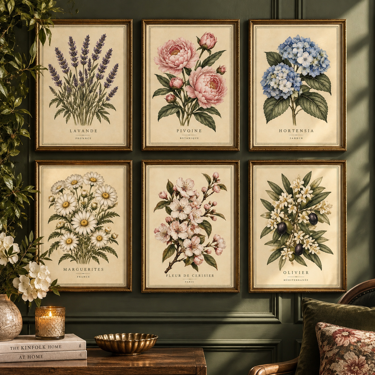 Vintage French Botanicals set of six prints in gold frames