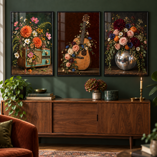 Vintage Rhythm set of three: Floral vintage radio, Floral guitar, Floral disco ball. Frames for styling only.