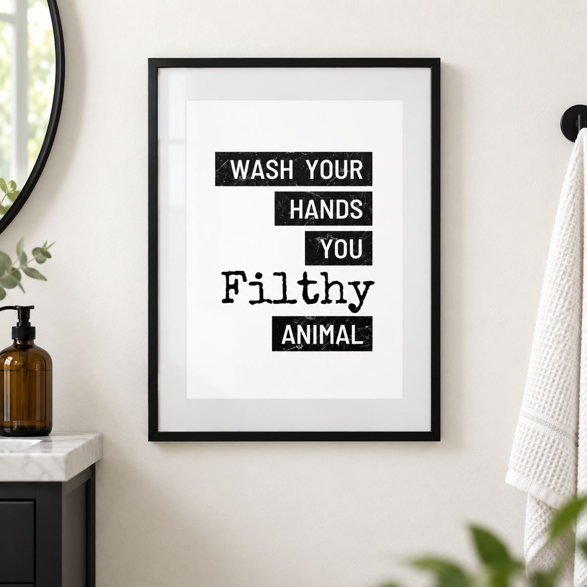 Wash Your Hands bathroom print close-up framed mockup