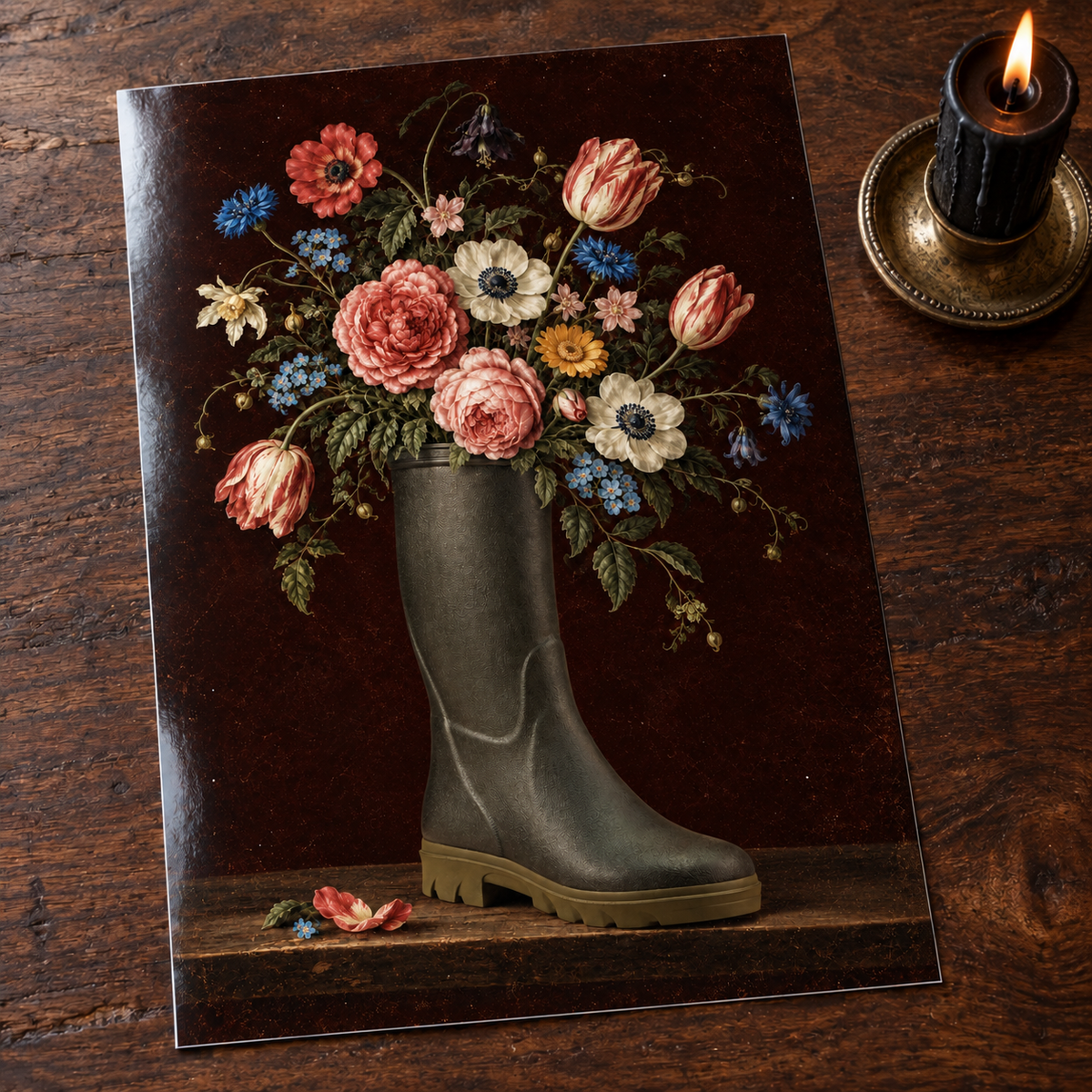 Welly in Bloom — unframed glossy photo card on a wooden table beside a gothic candle