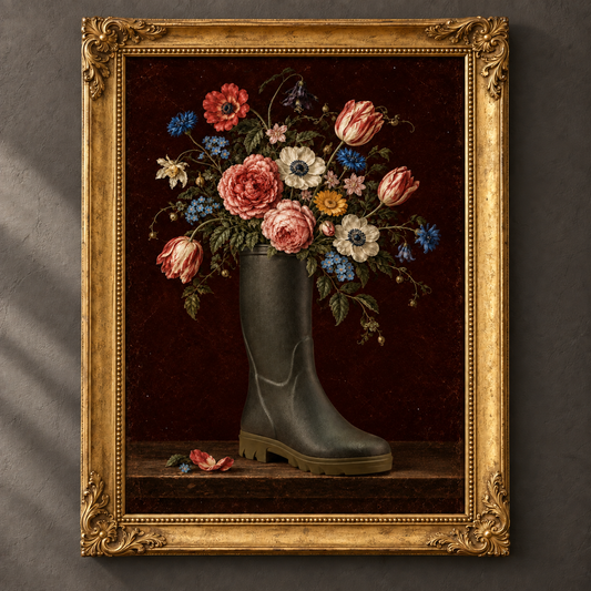 Welly in Bloom botanical art print in an ornate vintage gold frame