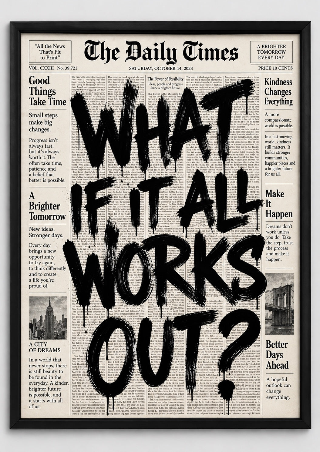 What If It All Works Out newspaper quote print straight-on black frame mockup