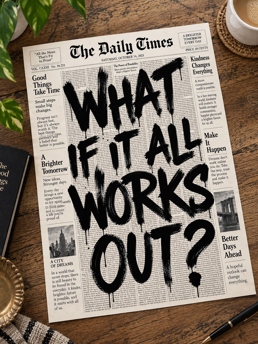 What If It All Works Out newspaper quote print unframed on table