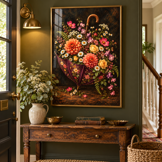 Whatever the Weather floral art print — framed in a home setting; frame not included
