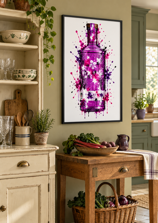 Whitley Neill Rhubarb and Ginger splatter print framed on a kitchen wall