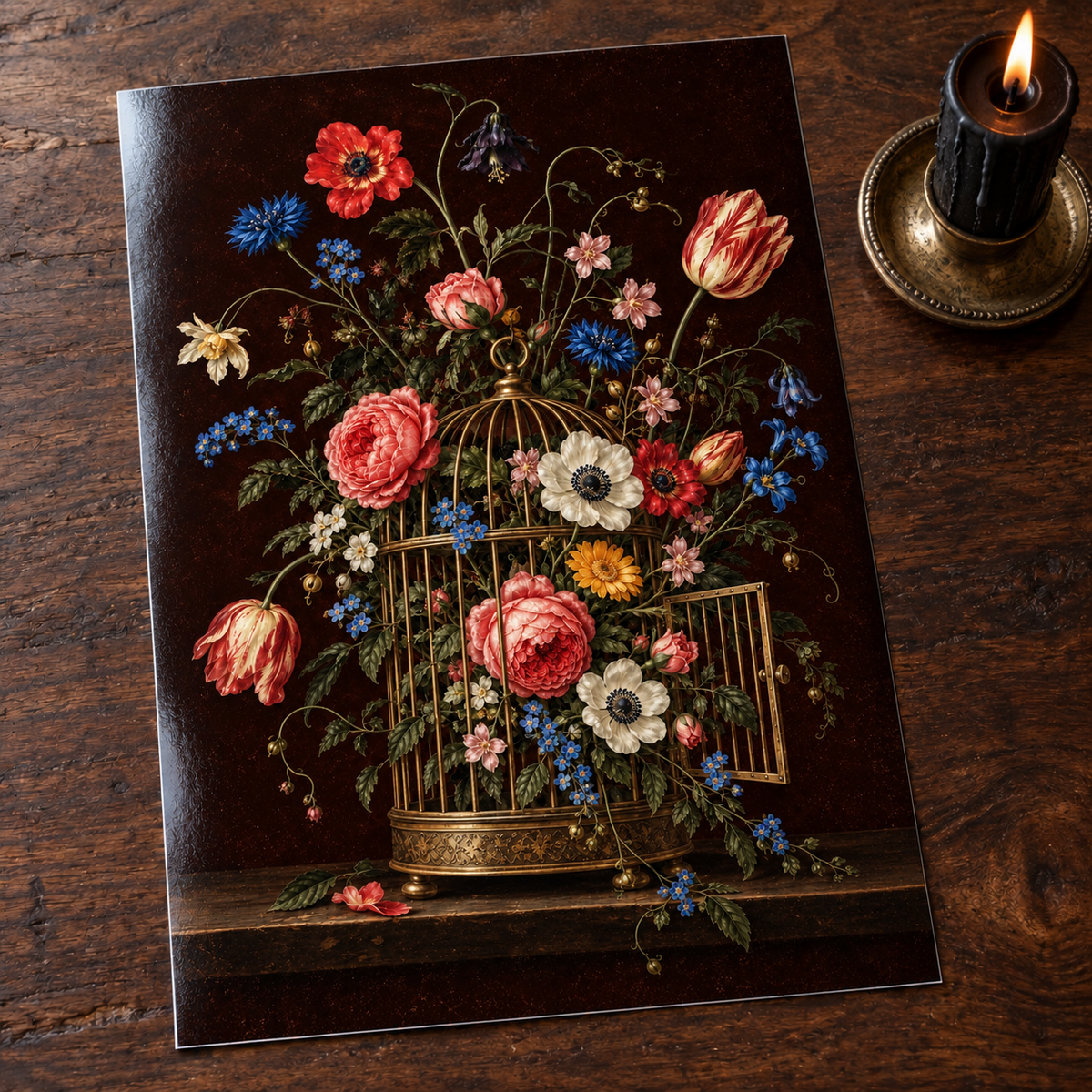 Wild & Uncaged — unframed glossy photo card on a wooden table beside a gothic candle