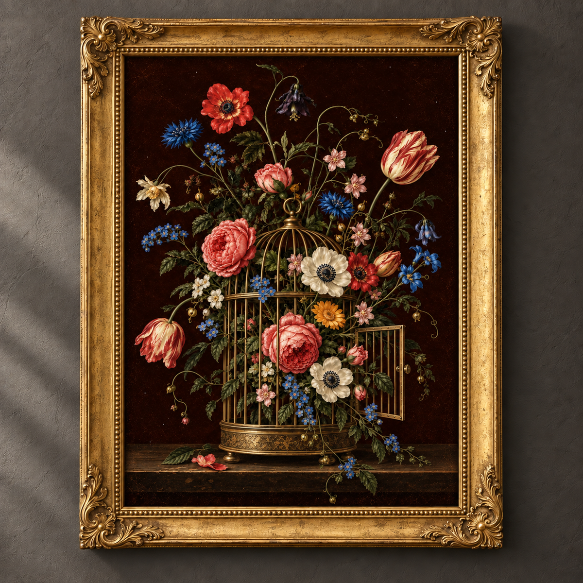 Wild & Uncaged botanical art print in an ornate vintage gold frame