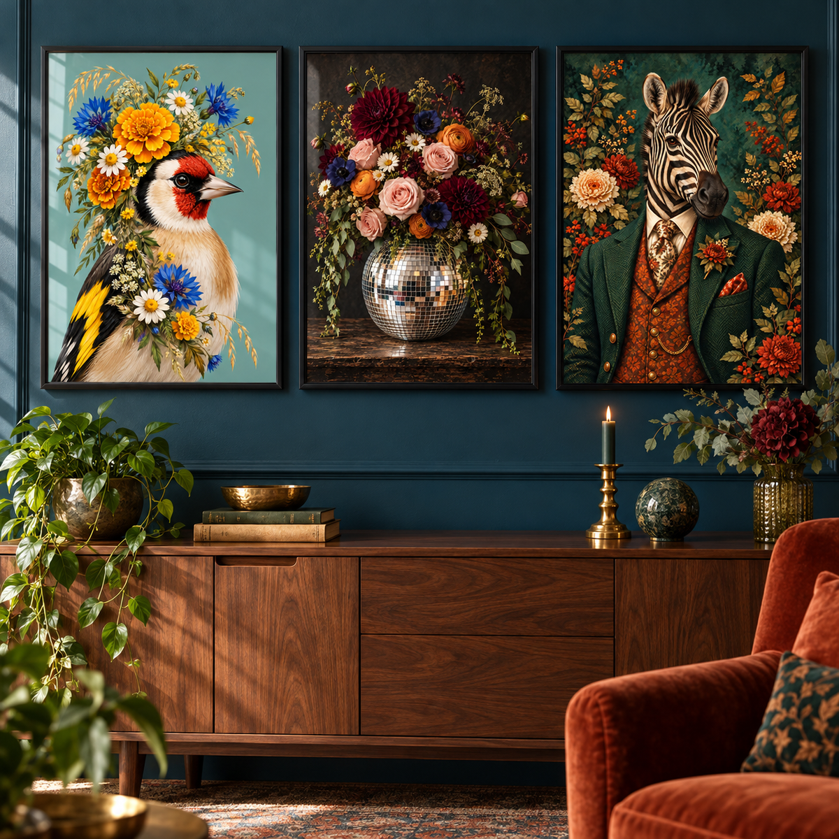 Set of three: Golden Gossip goldfinch, floral disco ball and well-dressed zebra in black frames