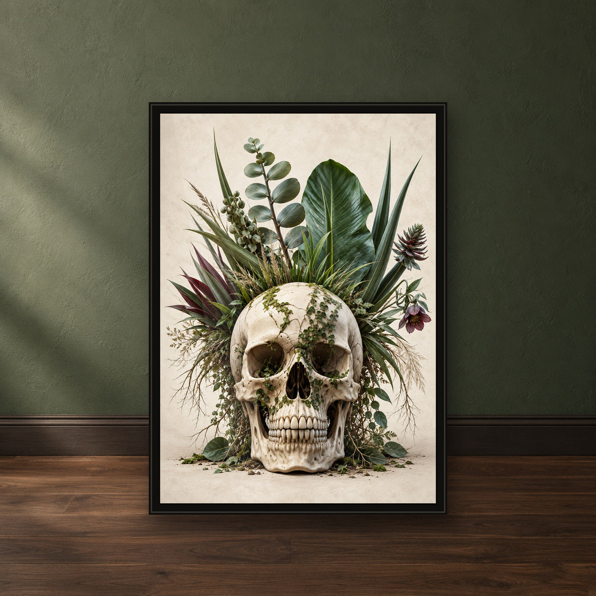 Wild Garden Skull Print – close-up black frame leaning against a green wall