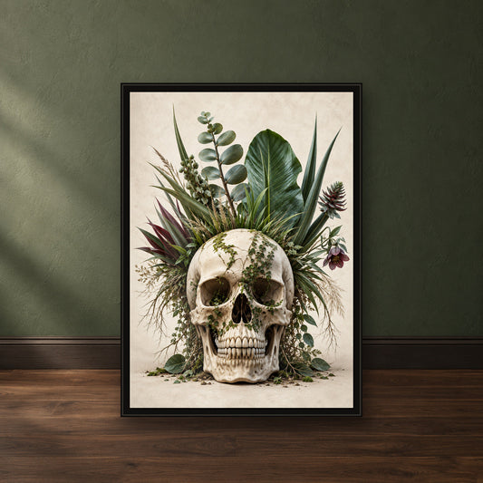 Wild Garden Skull Print – close-up black frame leaning against a green wall