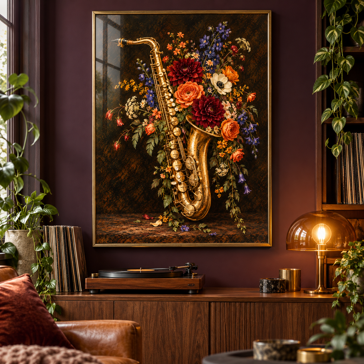 Wild Notes floral art print — framed in a home setting; frame not included
