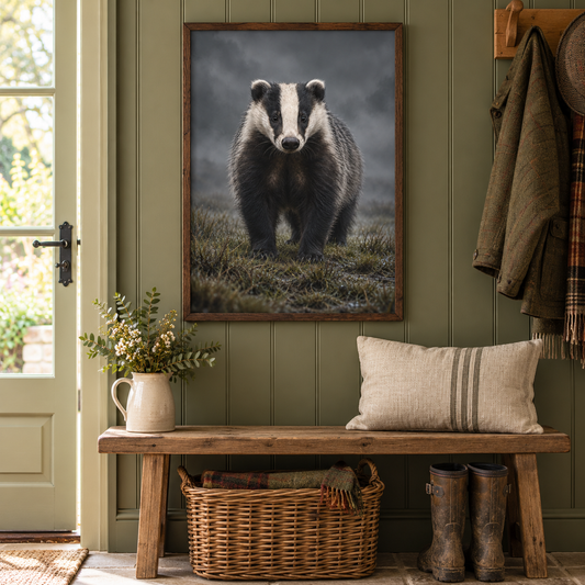 Badger – Wild & Timeless art print framed in a home setting