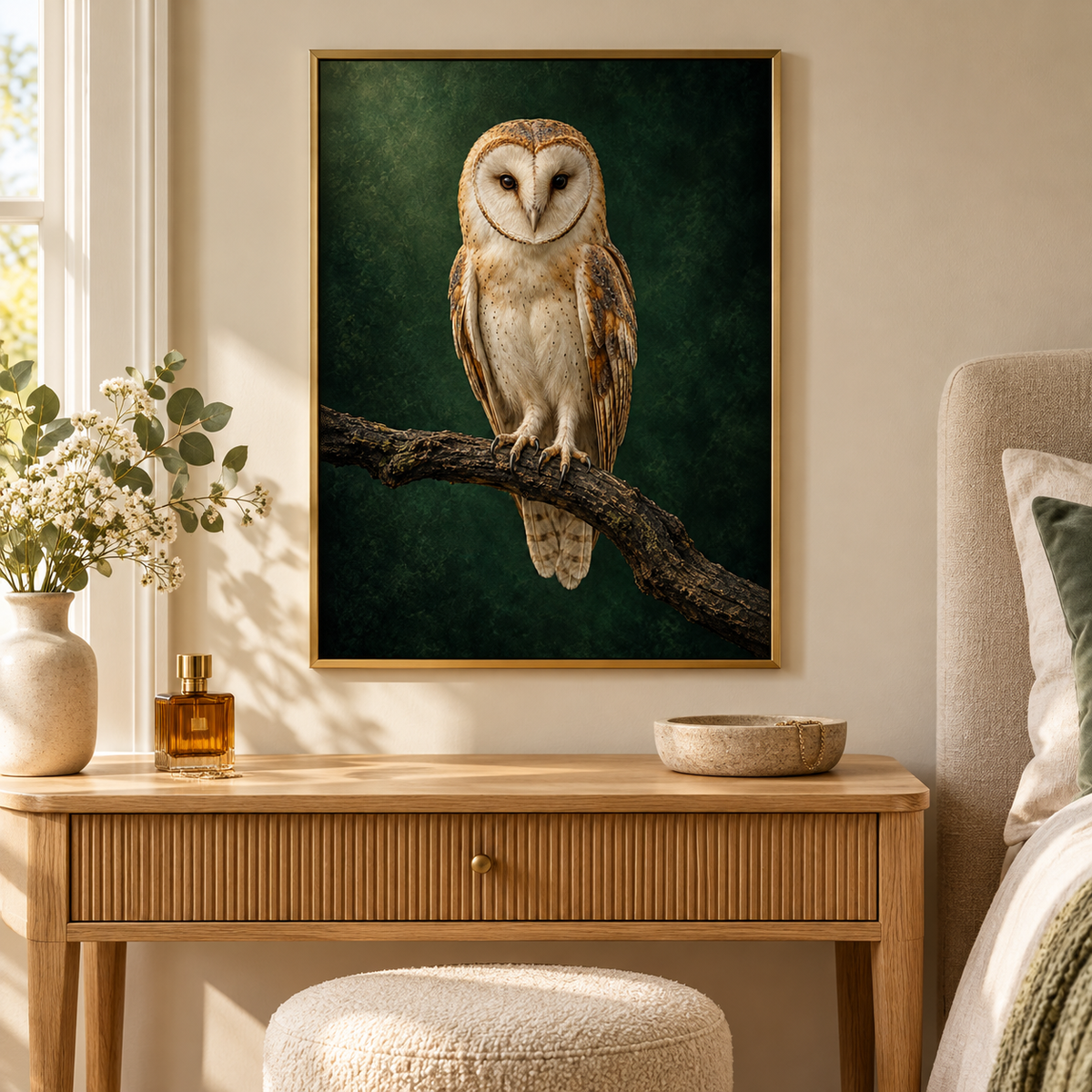 Barn Owl – Wild & Timeless art print framed in a home setting