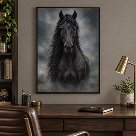 Black Horse – Wild & Timeless art print framed in a home setting