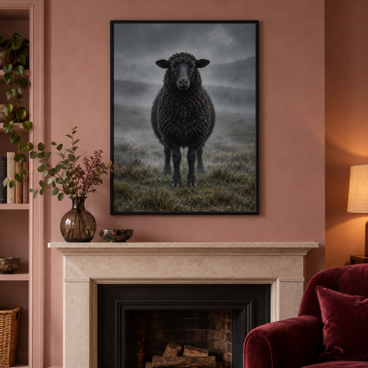 Black Sheep – Wild & Timeless art print framed in a home setting