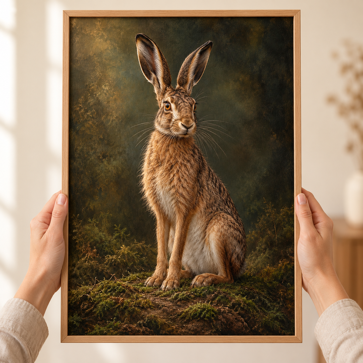 Hare – Wild & Timeless art print shown close up, held in a frame