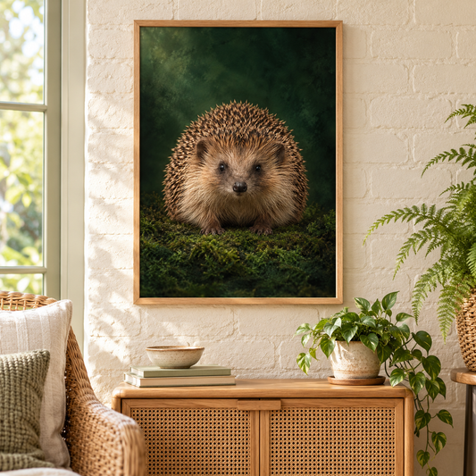 Hedgehog – Wild & Timeless art print framed in a home setting