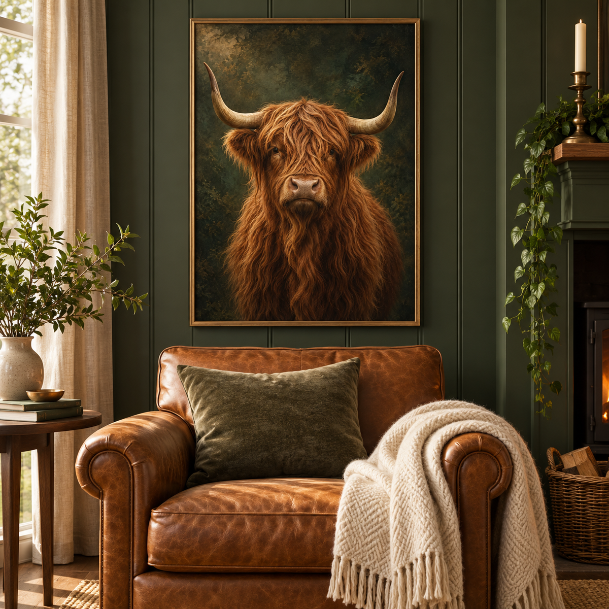 Highland Cow – Wild & Timeless art print framed in a cosy living room