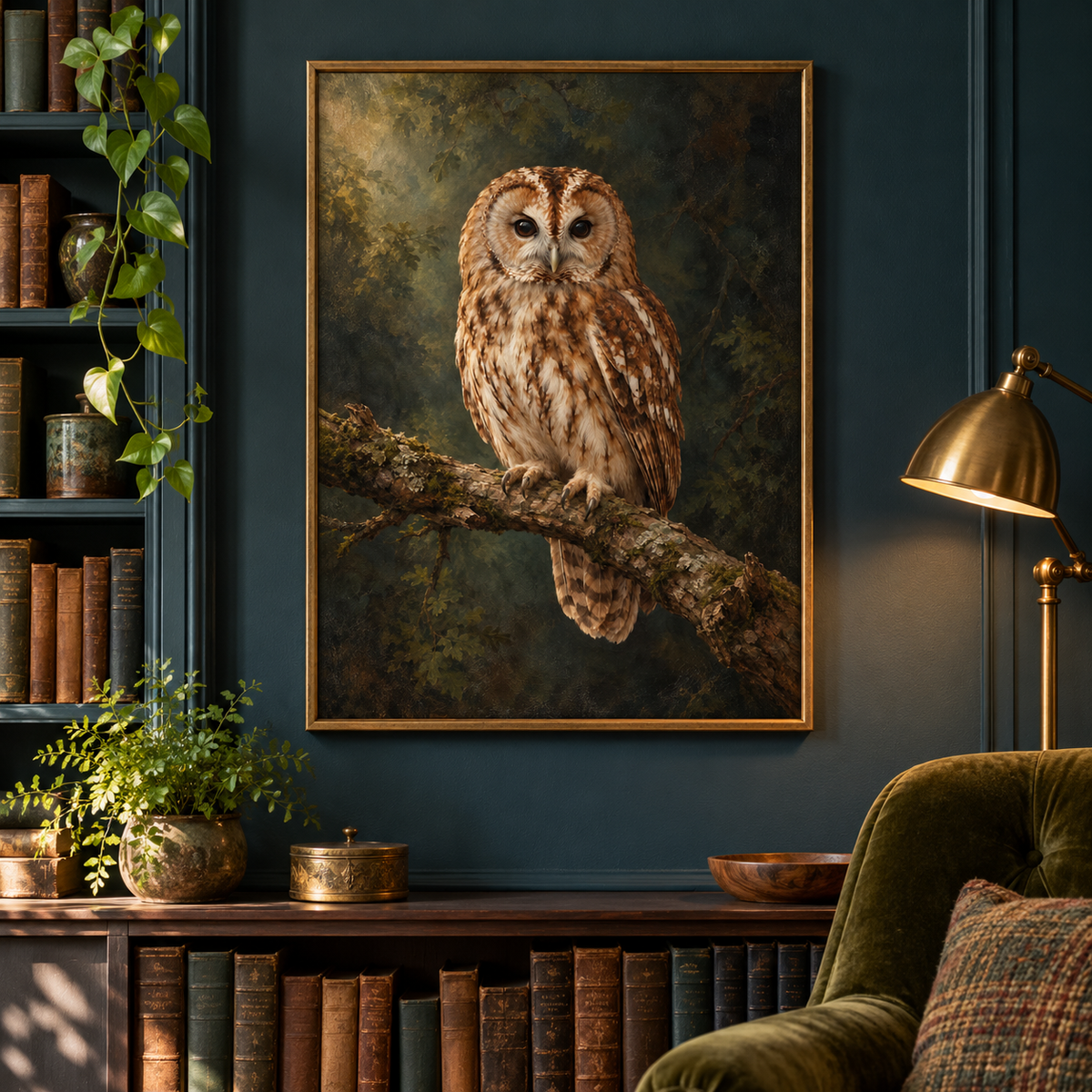 Owl – Wild & Timeless art print framed in a home setting
