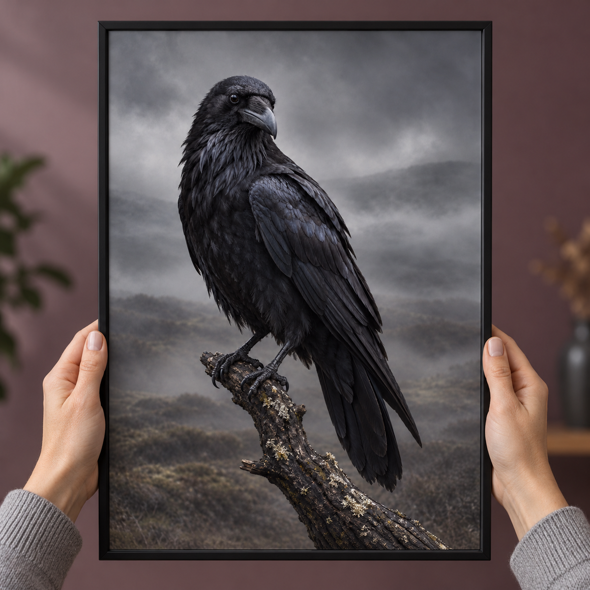 Raven – Wild & Timeless art print shown close up, held in a frame