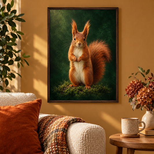 Red Squirrel – Wild & Timeless art print framed in a home setting