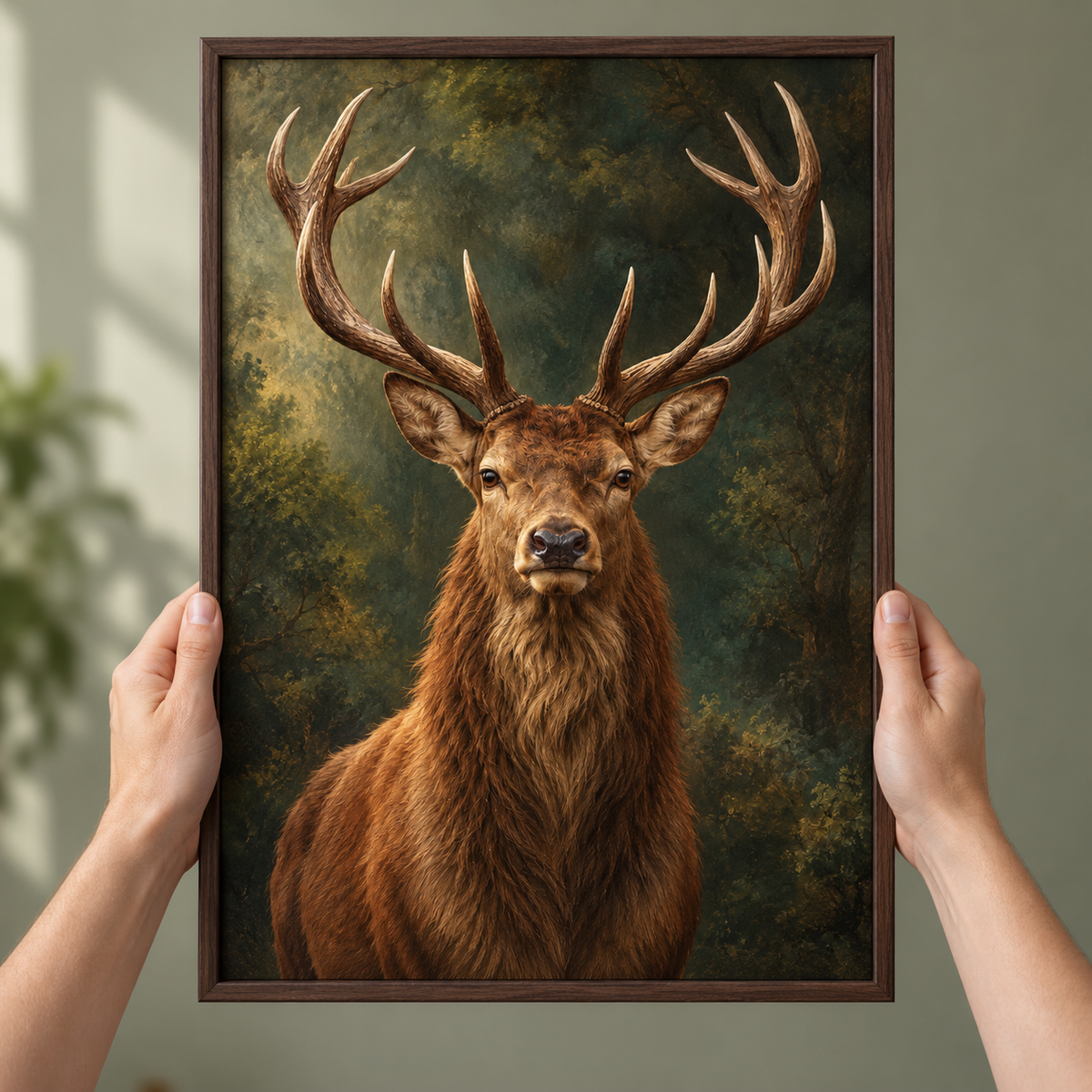 Stag – Wild & Timeless art print shown close up, held in a frame