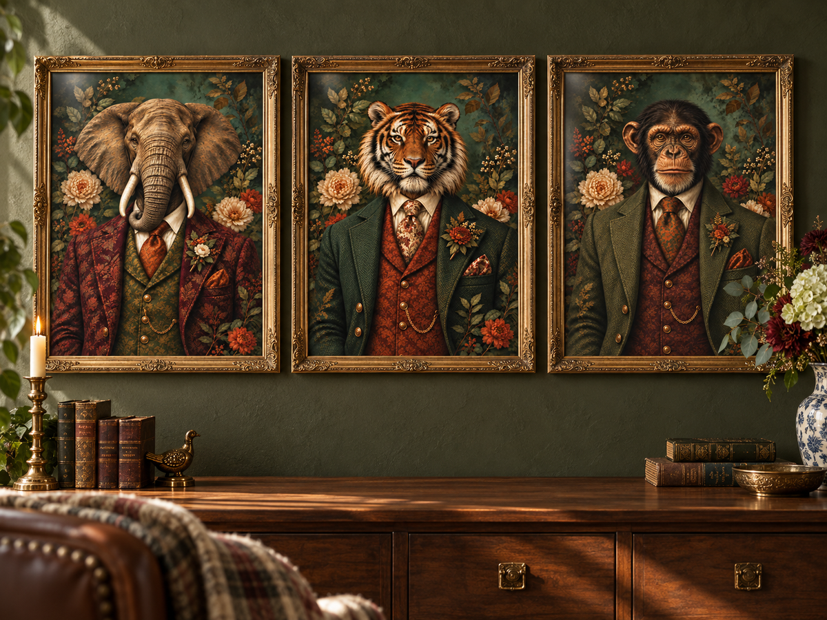 Elephant, tiger and chimpanzee set of three prints in ornate gold frames. Frames not included.