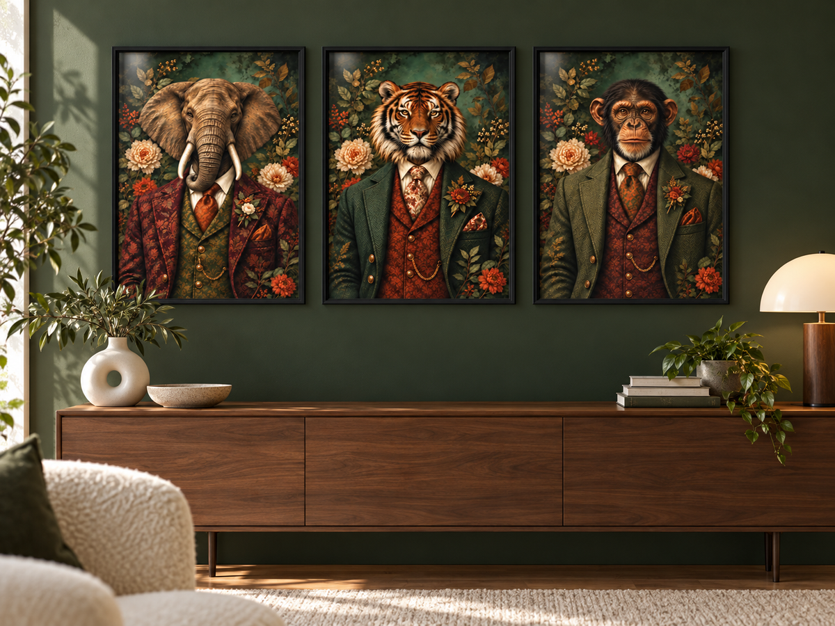 Elephant, tiger and chimpanzee print trio in modern black frames on a dark green wall. Frames not included.