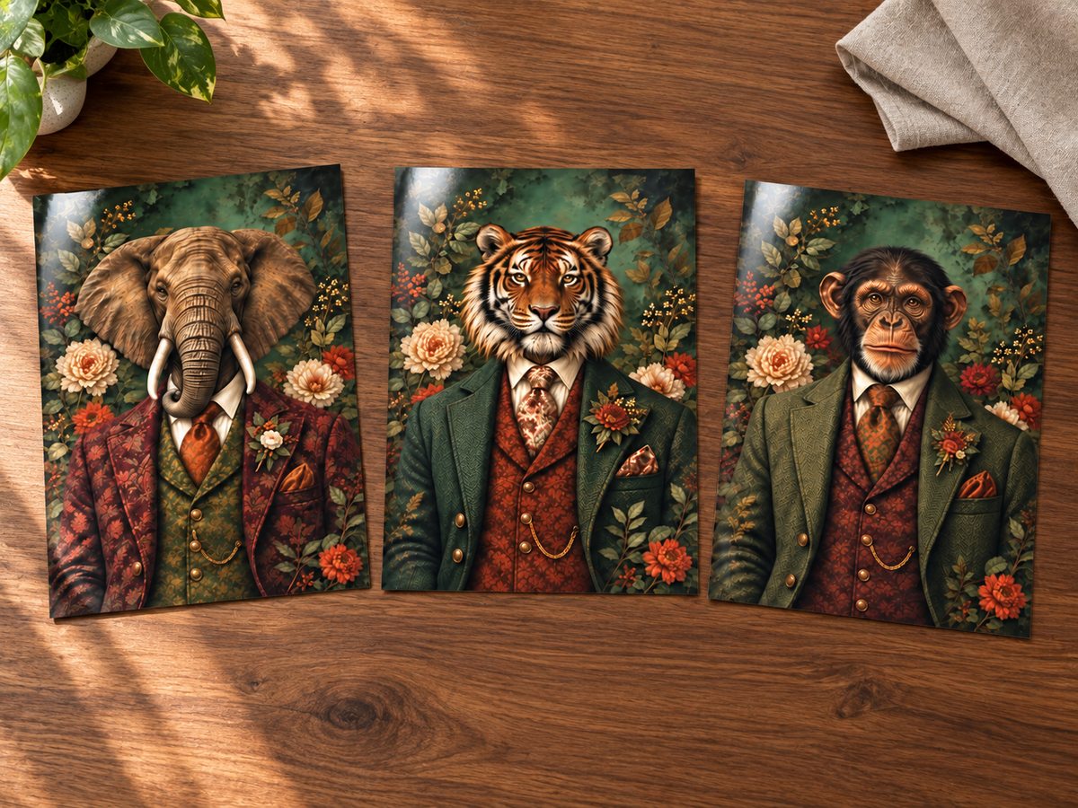 Elephant, tiger and chimpanzee glossy prints unframed on a wooden table.