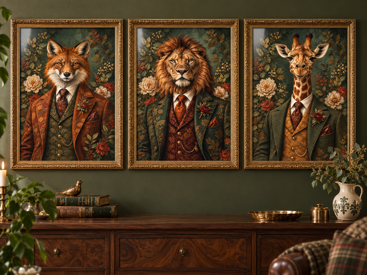 Fox, lion and giraffe print set in ornate gold frames; frames not included.