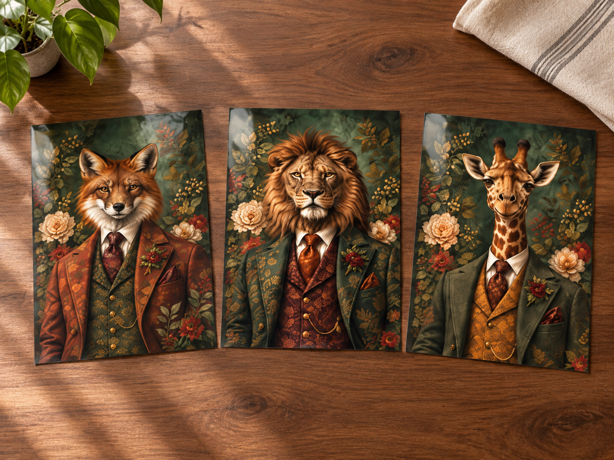 Three unframed glossy animal prints: fox, lion and giraffe on a wooden table.