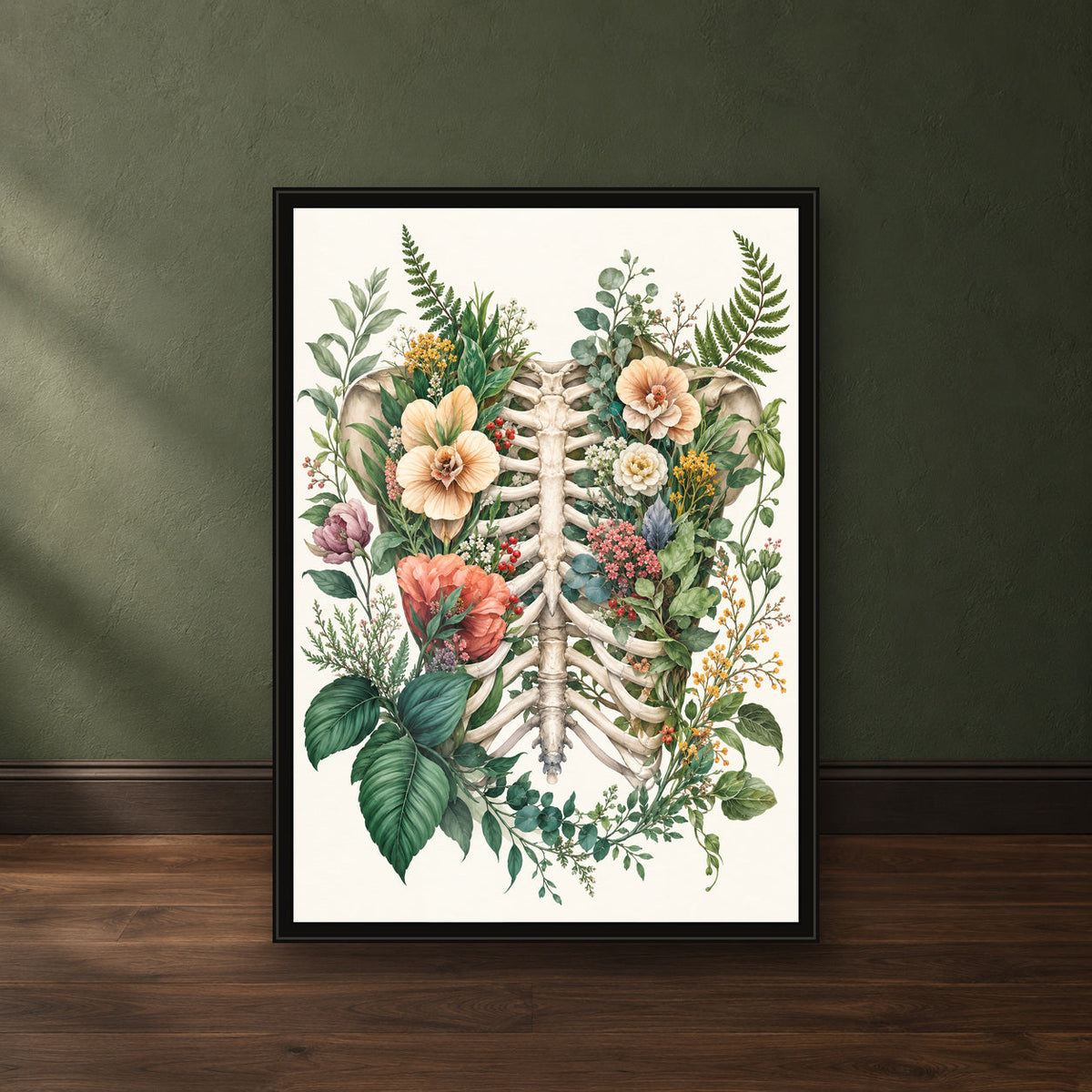 Wildflower Ribcage Print – close-up black frame leaning against a green wall