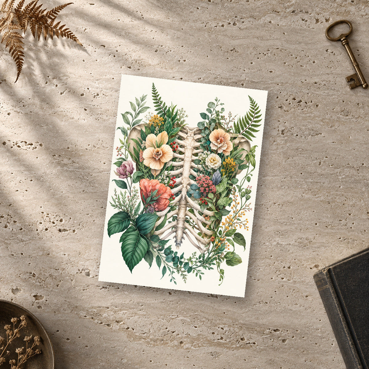 Wildflower Ribcage Print – unframed glossy print on a surface