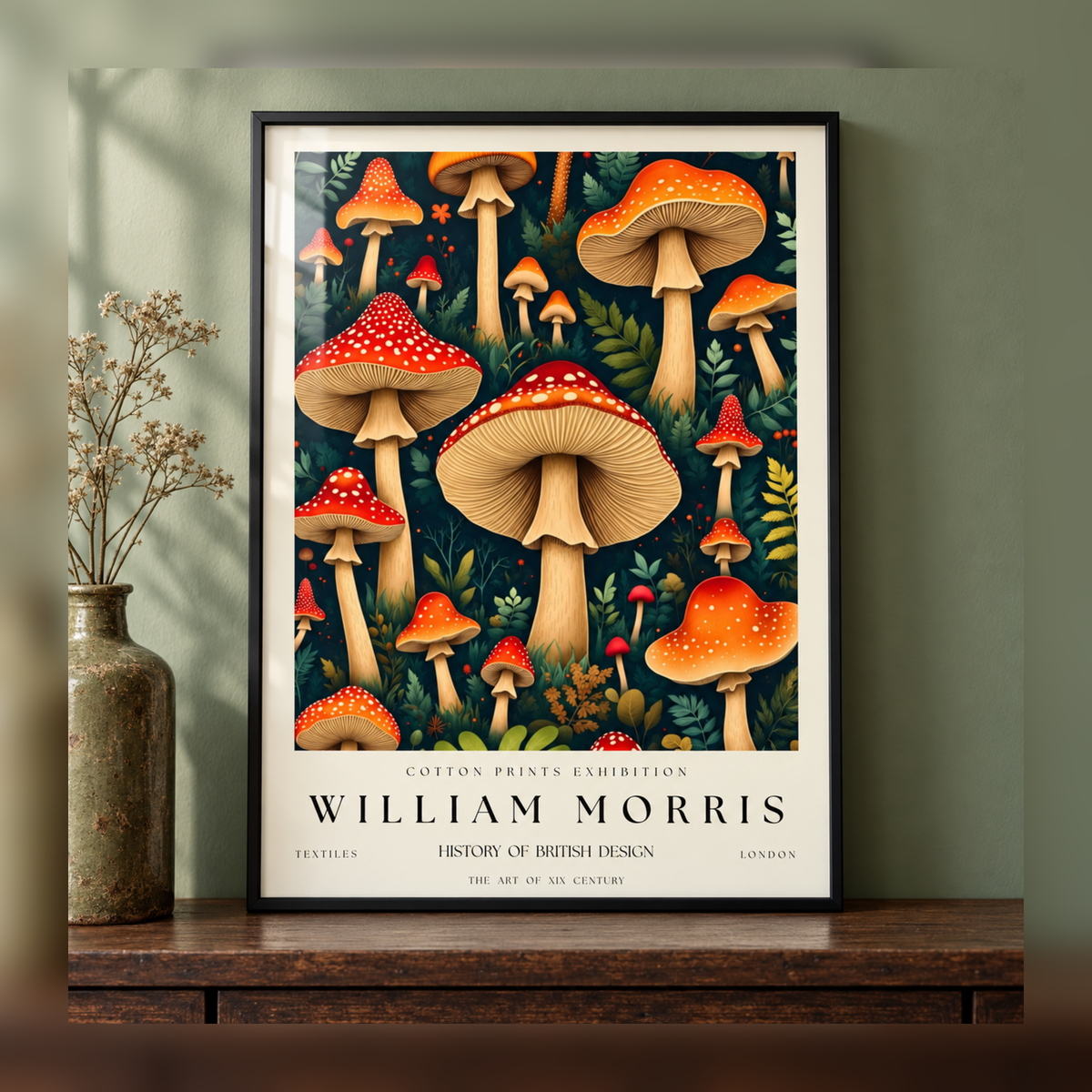 William Morris Enchanted Toadstool Forest Art Print in black frame, fully visible square-safe mockup