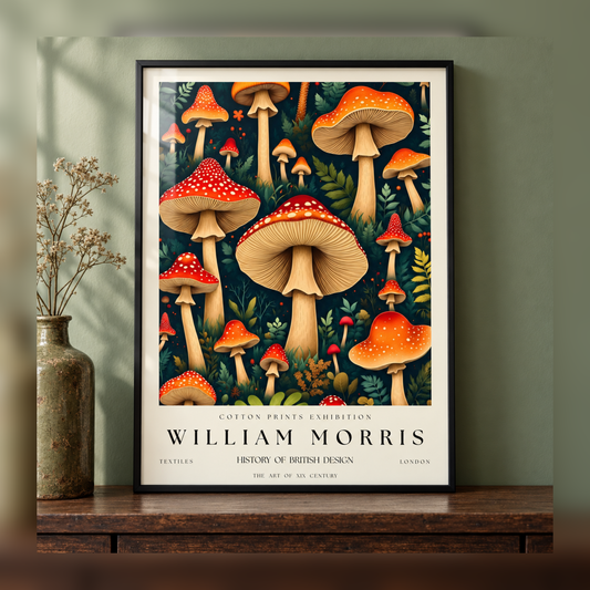 William Morris Enchanted Toadstool Forest Art Print in black frame, fully visible square-safe mockup