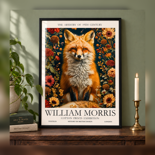 William Morris Fox Among Golden Flowers Art Print in black frame, fully visible square-safe mockup