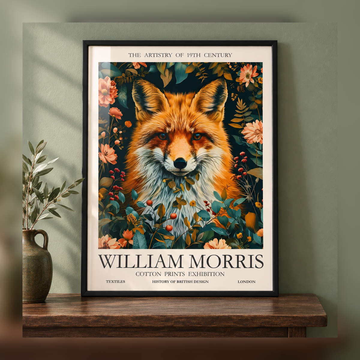 William Morris Fox in the Botanical Garden Art Print in black frame, fully visible square-safe mockup