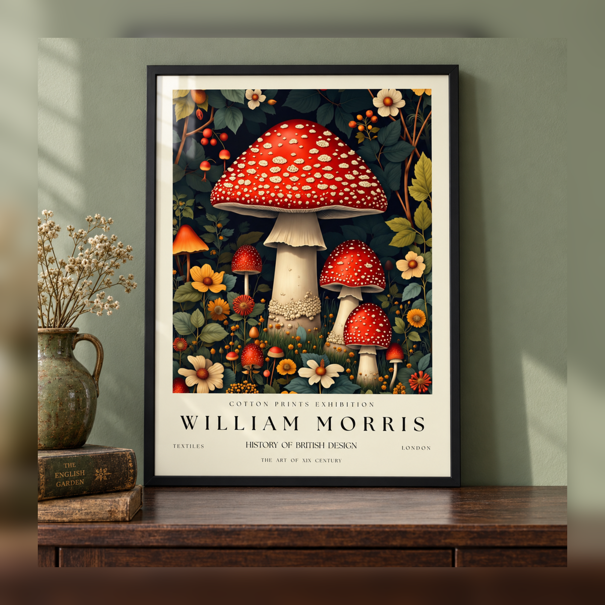 William Morris Giant Fly Agaric Garden Art Print in black frame, fully visible square-safe mockup