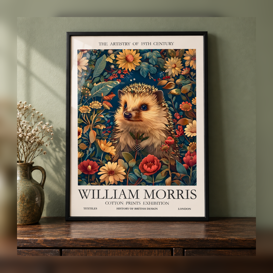 William Morris Hedgehog in the Flower Garden Art Print in black frame, fully visible square-safe mockup
