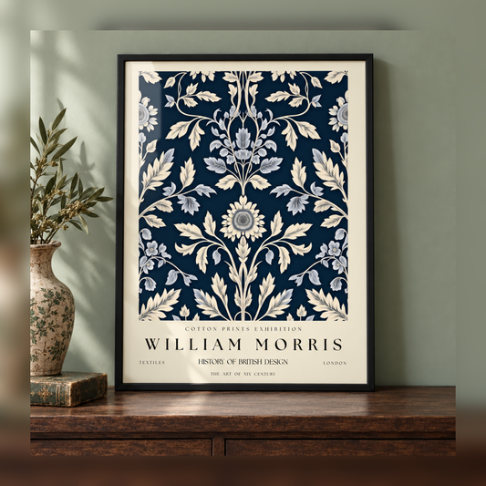 William Morris Ivory Floral Damask Art Print in black frame, fully visible square-safe mockup